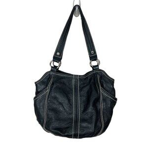 Tignanello Leather Shoulder Bag Black Silver Pebbled Zip Magnet Snap Everyday‎